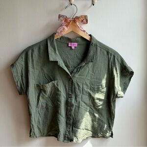 Green Button-Up Cropped Shirt
